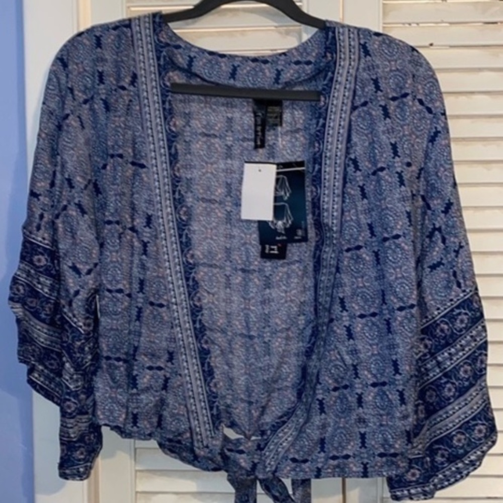 Fun & Flirt Blue and Pink Patterned Wrap Blouse, Size Large